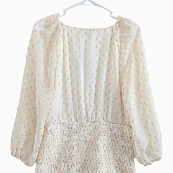 LULU'S All The Cheers Cream and Gold Dotted Smocked Mini Dress Size Large - Picture 7 of 13